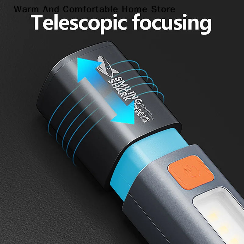 Smiling Shark SD1023 LED Torch Light XPE Super Bright Flashlight with Hook Camping Light USB Rechargeable Zoomable Waterproof